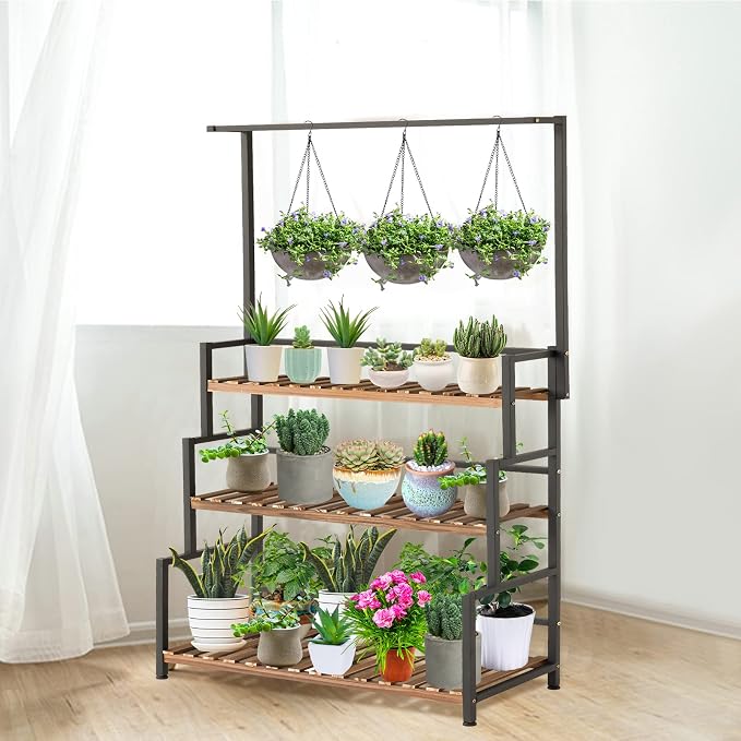 ULIKE 3-Tier Plant Stand with Hanging Bar for Indoor Outdoor Patio, Carbonized Pine Wood and Metal Frame Display Shelf, 52 Inch Tall Vertical Plant Rack for Balcony Garden Living Room