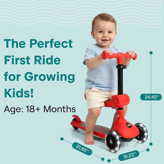 SereneLife 3 Wheel Scooter for Toddlers & Kids, Foldable Seat, LED Wheels, Adjustable Handlebar, Anti-Slip Deck, Rear Foot Brake, Lean-to-Steer, Kid Scooter, Supports up to 110 lbs (Red)
