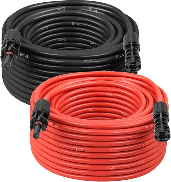 Solar Panel Extension Cable - 8AWG 50FT Solar Wire with Female & Male Waterproof Connector PV Wire for RV, Photovoltaic Systems, Home, Boat, Solar Panels, Car(50 Feet Red + 50 Feet Black)