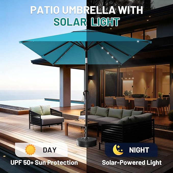 AreShark 6.5' x 10' Rectangular Patio Umbrella with Solar Lights, Solar Powered Lighted Market Umbrella w/Tilt and Crank, Outdoor Table Umbrella for Garden, Deck, Backyard, Pool and Beach, Lake Blue