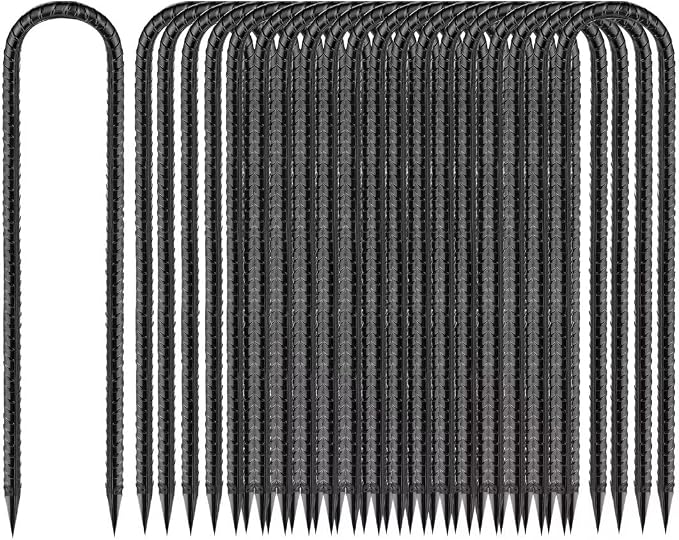 Ground-Stakes-Heavy-Duty-12 inch, U-Hook Rebar Stakes Black Coated Anti-Rust 16pcs Garden Stakes Metal Ground Anchors for Garden Dog Fence Chicken Coop Christmas Decorations Deer Fence