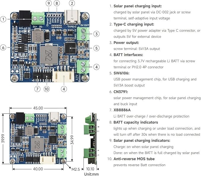 Waveshare Solar Power Manager Module (D), Solar Charge Controller USB, Supports 6V~24V Solar Panel and Type-C Power Adapter, 5V/3A Regulated Output, with Battery Holder (Batteries are Not Included)