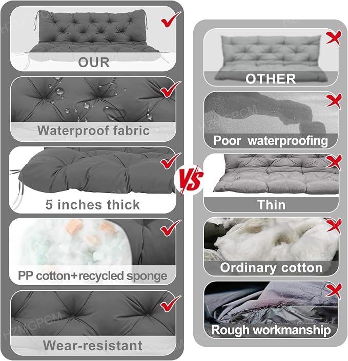 Outdoor Swing Cushions 3 Seater Waterproof Extra Thick 5 inch Porch Swing Cushions Outdoor 58 inch Sturdy Durable with Backrest & 8 Ties Not Easy to Fade Swing Cushion for Outdoor Furniture