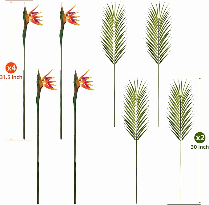 8 PCS Bird of Paradise Artificial Plant Combo Palm Leaves,4 Faux Bird of Paradise Plant with 4 Artificial Palm Leaves for Wedding Garden Office Home Indoor and Outdoor Decor(Orange)