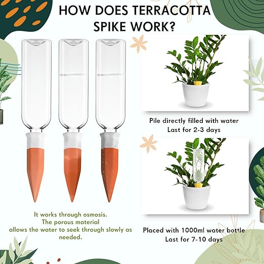 Ziliny 12 Pack Terracotta Watering Spikes Devices, Plant Self Watering Spikes with 25 oz Plastic Wine Bottles, Slow Release Vacation Insert Plant Waterer Devices for Indoor Outdoor