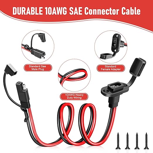 SAE Connector 2FT 10AWG, SAE Battery Quick Connect Plug Waterproof Extension Cable for Solar Panel, Street Glide, Road Glide, Motorcycle Charging Port Upgrade, RV, Solar Generator Battery Charger