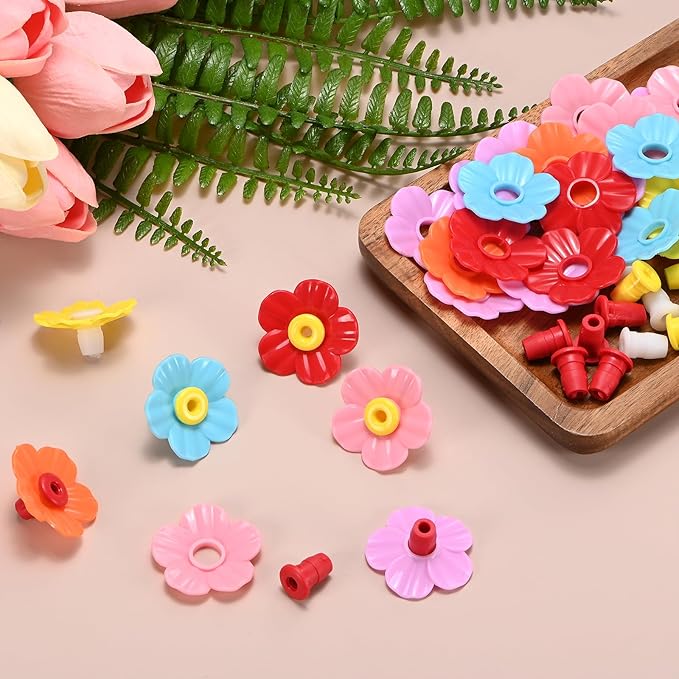 M METERXITY 32-Pack Hummingbird Feeder Replacement Flowers, Plastic Pet Hummingbird Feeding Parts Feeding Ports for Outdoor Hanging Feeders, Bees Guards [Rose Pink, Red]