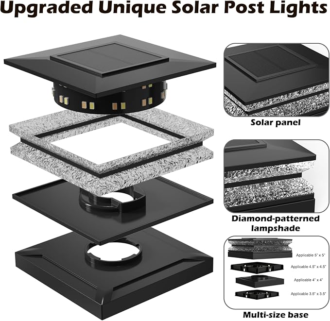 Solar Post Cap Lights, 6 Pack Deck Fence Cap Light for 4x4 5x5 Wood/Vinyl Posts, 3 Color Modes, LED Deck Post Lights Solar Powered Waterproof, for Patio Porch Garden Decoration, Black