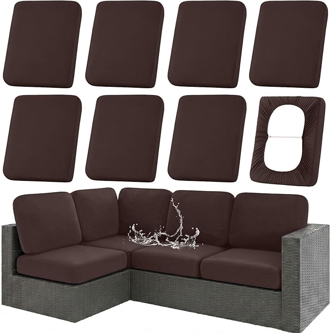 hyha Waterproof Outdoor Cushion Covers for Patio Furniture, Stretch Patio Chair Cushion Slipcovers, Coated UV Resistant Replacement Seat Covers, Solid Color (Coffee, 8PC)