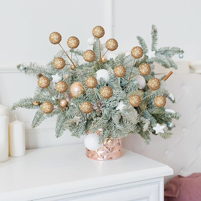 Norme 6 Pcs 15.8" Christmas Glitter Ball Tree Picks Christmas Ball Decorations Artificial Berry Stems Branches for Filler Vase Home Xmas Tree Party Holiday Decor(Champagne)