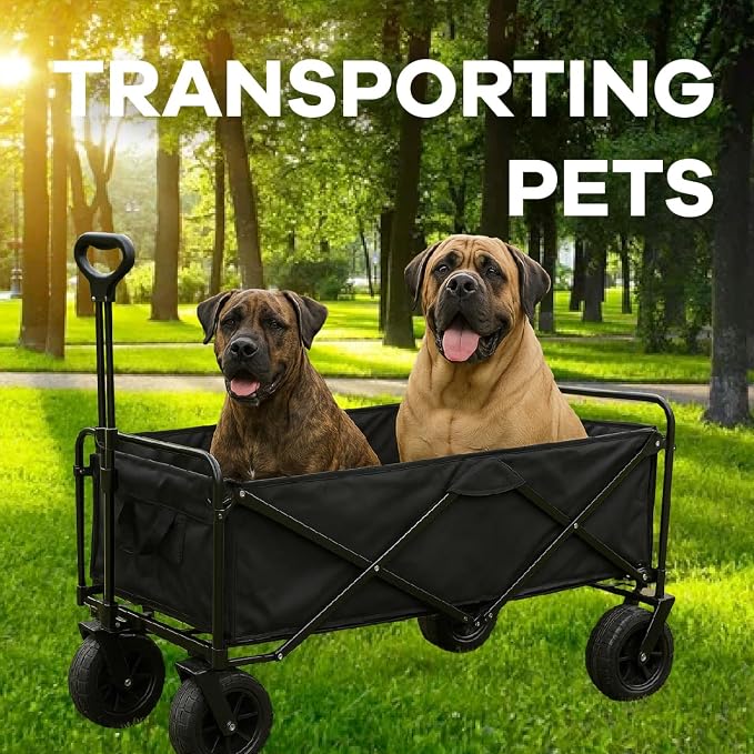 Collapsible Utility Wagon Cart, Heavy Duty Folding Garden Cart with Wheels, Black Steel Frame, 150 L Capacity - 330 LB Capacity