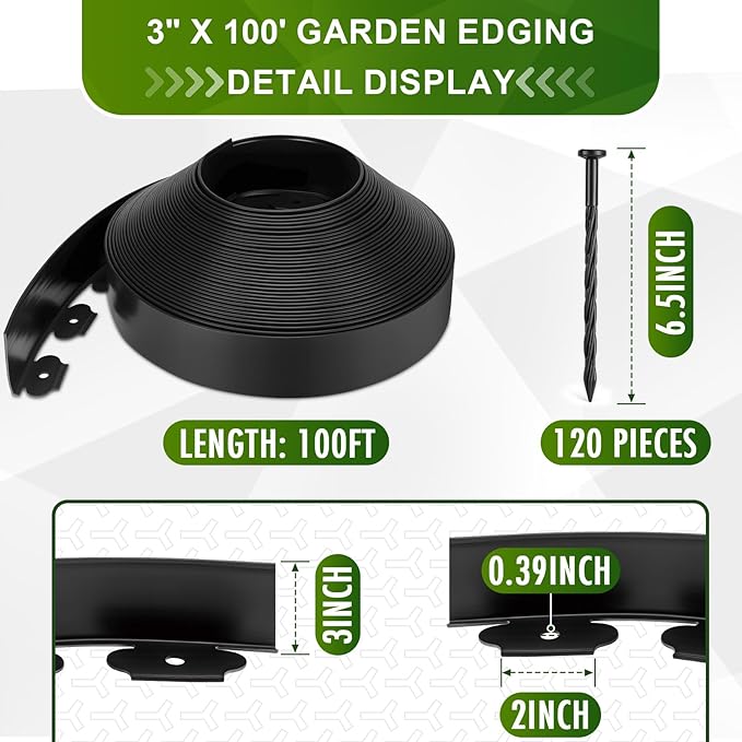 Garden Edging, 3" x 100' Landscape Edging, No Dig Edging for Landscaping with 120 Pcs Anchoring Spikes, Flexible Landscape Border Edging for Landscaping, Yard Lawn, Flower Beds(Black)