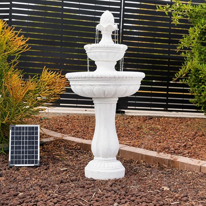 XBrand 39" 2-Tier Outdoor Freestanding Solar Water Fountain - Classic Design, White Resin Bird Bath with Pump - Ideal for Yard, Lawn and Garden, Porch Décor