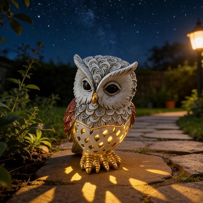 Solar Owl Garden Statues Outdoor Decor Resin Owl Figurine with LED Lights Owl Sculpture for Porch Patio Lawn Yard Decorations Christmas Housewarming Gifts for Women Mom,Brown Owl