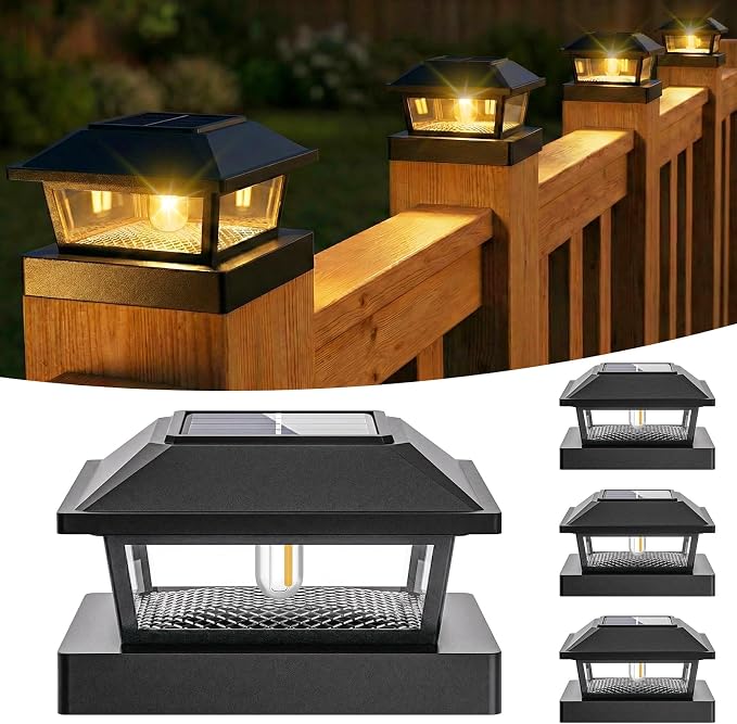 btfarm 4x4 Solar Post Cap Lights, 4 Pack Fence Deck Post Lights Outdoor Solar Powered Waterproof with Edison LED Bulb, Fits 4x4, 3.5x3.5 Wooden & Vinyl Posts for Porch Patio Yard(Warm White, Black)