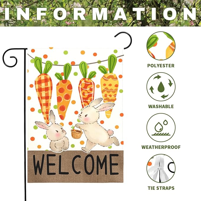 Easter Garden Flag 12 x18 Inch Double Sided Welcome Bunny Carrot Spring Yard Flag Outdoor Farmhouse Porch Decor Cute Rabbit Pattern Seasonal Easter Banners for Garden Lawn Patio Yard Home