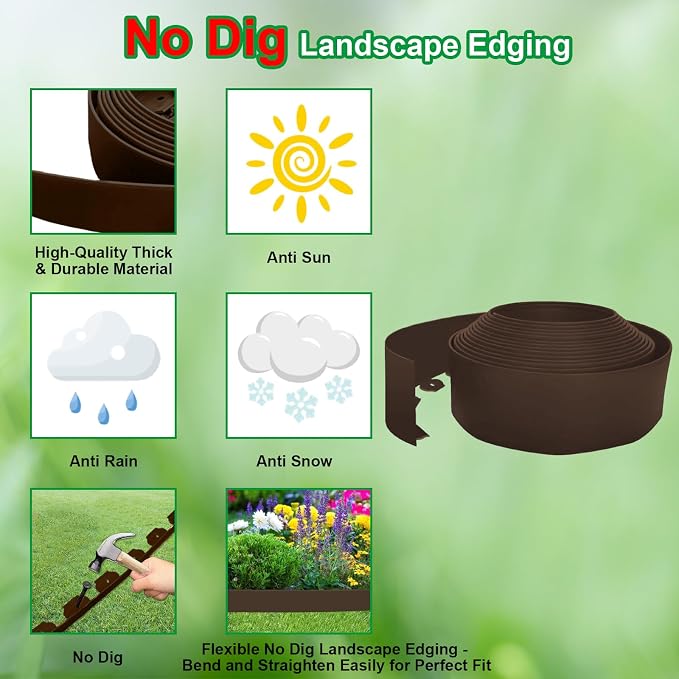 Landscape Edging 33FT,4IN High Garden Edging Borders,Lawn Edging Kit with 30 Spikes, Plastic Fence Edge DIY for Yard,Tree,Flowerbeds,Landscaping,Grass -Brown