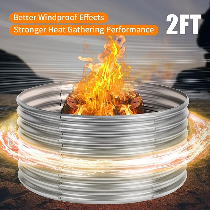 48 inch Fire Pit Ring, 4x4x2FT Galvanized Fire Ring, Wood Burning Fire Pits Ring, Outdoor Fireplace Height 2FT, Round Camp Fire Ring, Bonfire Pit for Camping, Backyard
