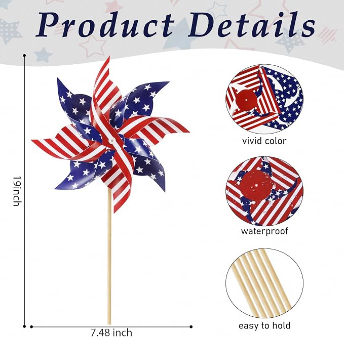 HOOSUN 4th of July Decorations,12Pcs American Flag Patriotic Pinwheels for Yard and Garden,Fourth of July Pinwheels Patriotic Memorial Day Decorations,Garden Wind Spinners,Pinwheel for Kids,Lawn,Patio