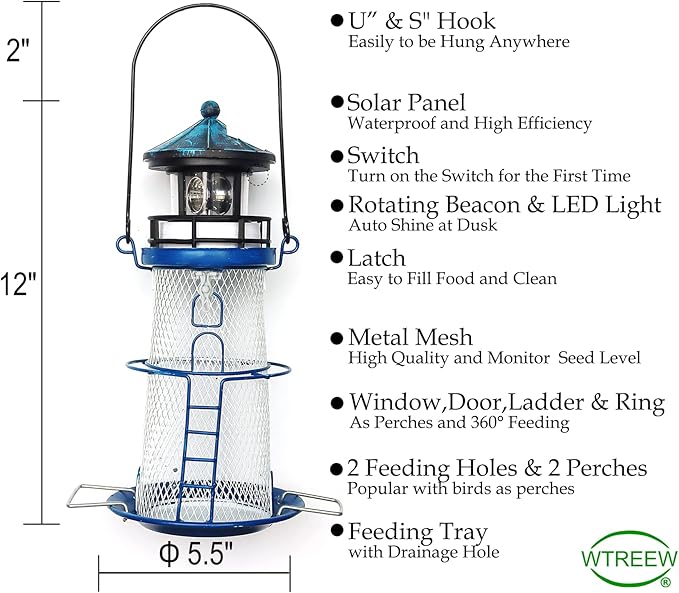 Solar Lighthouse Bird Feeder with Rotating Beacon - 14" Hanging Best Birdfeeder Gifts for Bird Lovers(Space Blue)