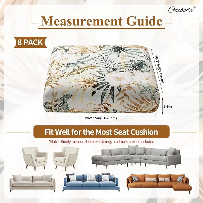 CALBODE 8Pcs Stretch Patio Cushion Cover, Tropical Floral and Leaf Pattern Sofa Covers for Patio Furniture Cushions Washable Reusable Couch Covers Replacement for All Season (Cover Only)