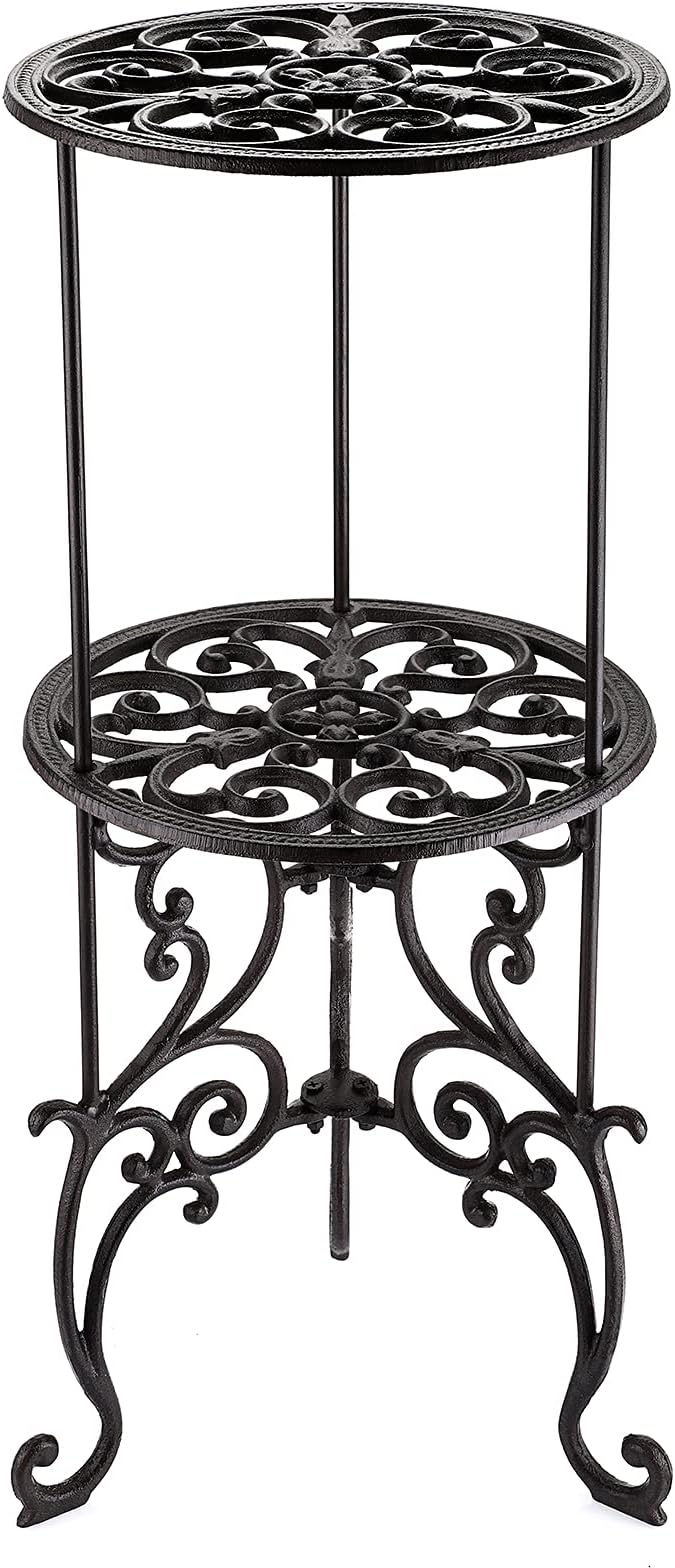 OwnMy Heavy Duty 2 Tiers Cast Iron Plant Stand, Vintage Iron Flower Pot Holder, 2 Layers Tall Decorative Potted Plants Stand Rack, Indoor Outdoor Large Plant Holder for Garden Patio, Retro-Brown