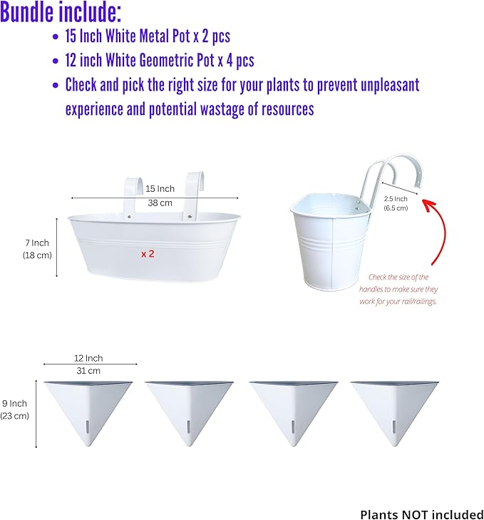 LaLaGreen Bundle- 2 Pack, 15 Inch White Metal Pot + 4 Pack, 12 Inch Geometric Self Watering Pot Modern Flower Vase Vessel Home Vertical Wall Mount Garden Window Rail Box Herb Plant Bucket Garden Decor