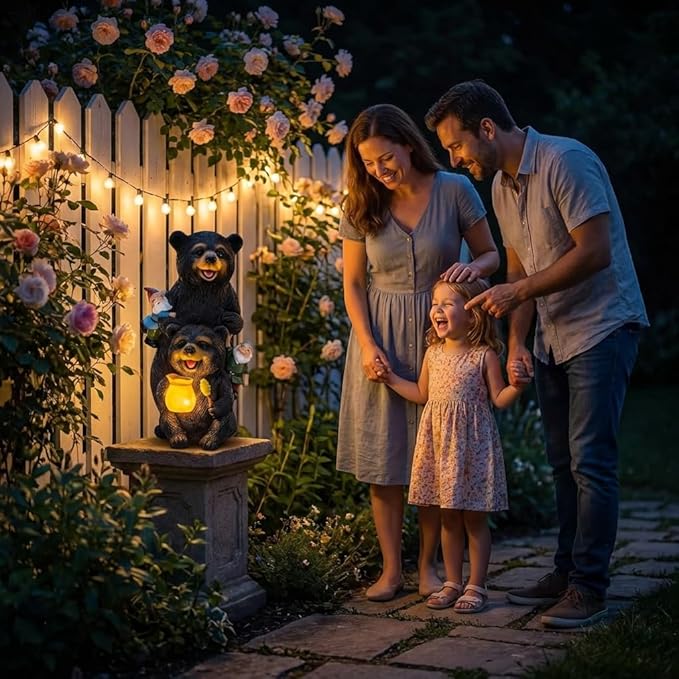 PETAFLOP Solar Garden Statues Bear Decor, Bear Statue with Glowing Honey Jar and Gnomes for Patio Balcony Lawn Yard Decorations, Outdoor Birthday Housewarming Gifts for Women, Mom