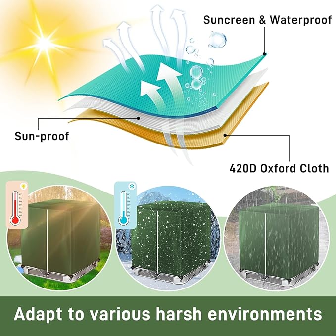 IBC Tote Cover 330 Gallon Water Tank Protection Cover Zipper 420D Heavy Waterproof Sunscreen Material 1000L Outdoor Garden Green