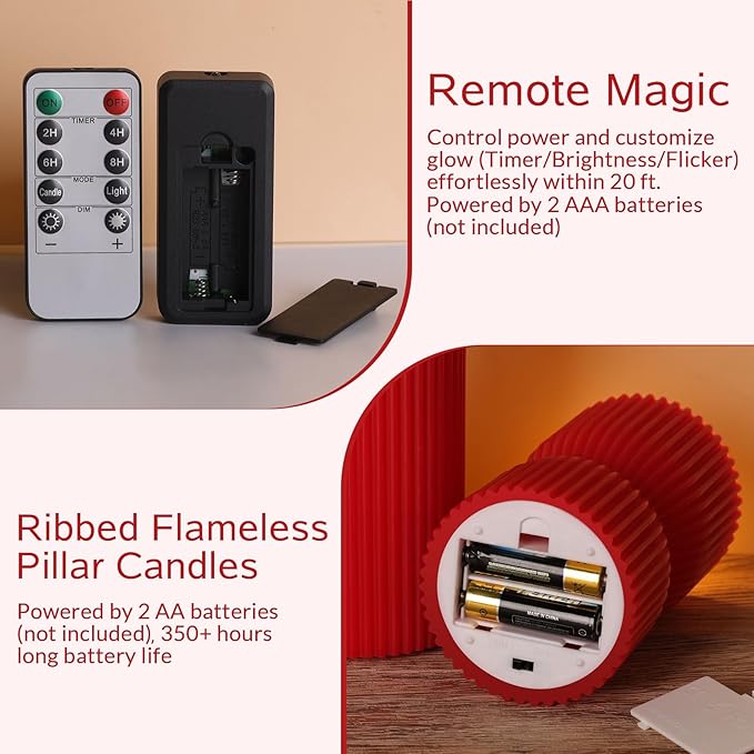 Red Ribbed Flameless Pillar Candles with Remote, Battery LED Wax Candles Flickering Valentines Day Decor Gift Set of 2