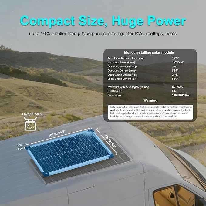 18BB 100 Watt Solar Panel, N-Type 18V 100W Solar Panel, 25% High Efficiency Monocrystalline PV Modules IP68 Waterproof for RV, Marine, Rooftop, Farm, Trailer, Home Off-Grid System