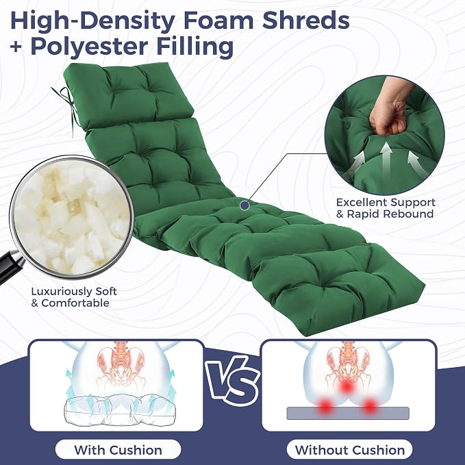 Outdoor Chaise Lounge Cushions 75.1x22.8x4.7 Inch, Waterproof Lounge Chair Cushions for Pool, Patio, Deck, Lawn, Fade Resistant Lounge Cushions for Outdoor Furniture with Ties, Forest Green