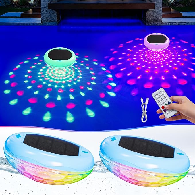 Solar Rechargeable Floating Pool Lights (2 PCS), 2600mAh Rechargeable Pool Lights with Remote, 6.7 Inch Solar Pool Lights That Float with 13 RGB Color Change, IP68 Waterproof Floating Light for Pools