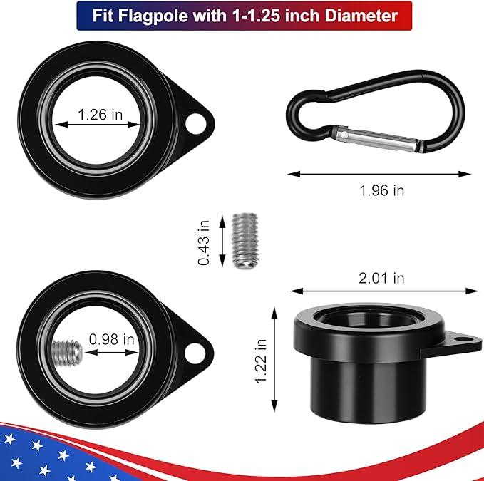 Bearing Steel Ball Flag Pole Rings, Tangle Free Aluminum Alloy Flag Pole Spinners, 360° Rotating Flagpole Rings with Carabiners, Fit Flagpole with 1-1.25inch Diameter, Flagpole Parts, 1.25 inch Black