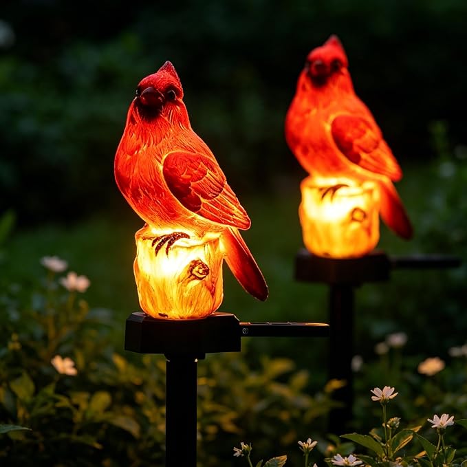 Red Cardinal Figurine Solar Light 2 Pack Garden Decor Outdoor Stake Patio Yard Art Lawn Dad Grave Decorations for Cemetery Mother Day Memorial for Mom Gravesite