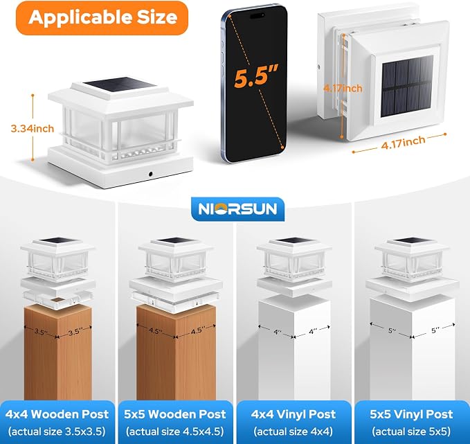 NIORSUN Solar Post Lights Outdoor, Fence Post Solar Lights with Flickering Flame Light & 3 Color Temps, Waterproof, Garden Patio Fence Deck Decor, 4x4 Posts Caps, 4x4, 5x5 Wooden & Vinyl (8Pack,White)