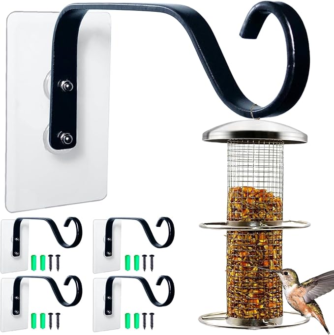 4-Pack Window Bird Feeder Hook, Strong Hanger with Traceless Adhesive & Screws, Window Mounted Load-Bearing Hook for Bird Feeders, Wind Chimes, Plants (Black)