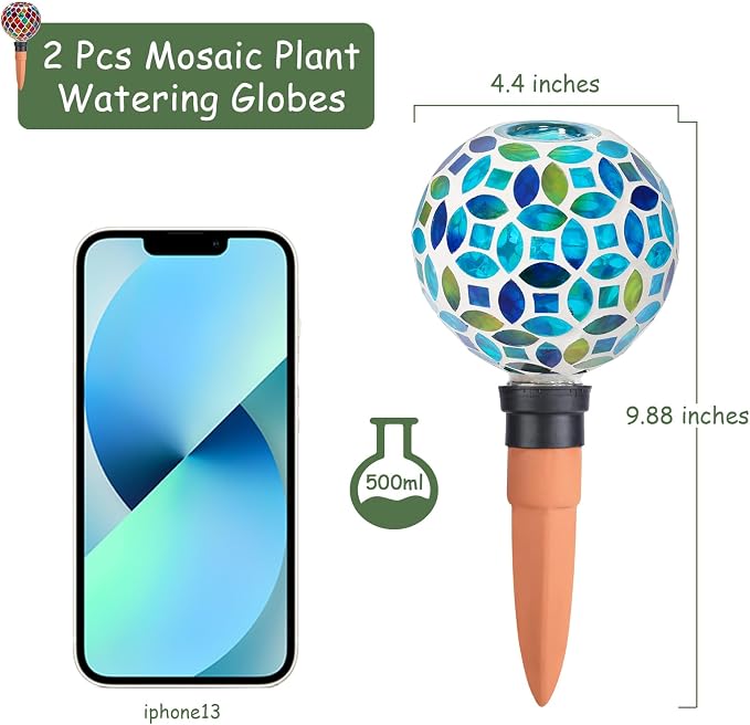 Plant Watering Spikes Mosaic Self Watering Globes 2 Pack Large Self Watering Planter Insert Automatic Watering Bulbs for Outdoor Plants