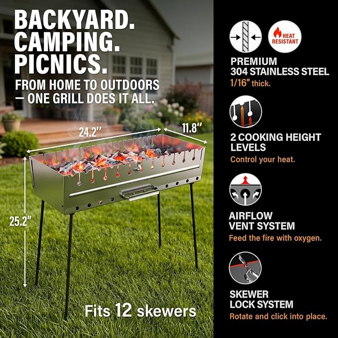 Stainless Steel Charcoal Grill, Portable Foldable Kabob Mangal, Heavy-Duty Rustproof BBQ, 24.80x9.45x25.2 Inch, for Outdoor Use, 12 Skewer Capacity