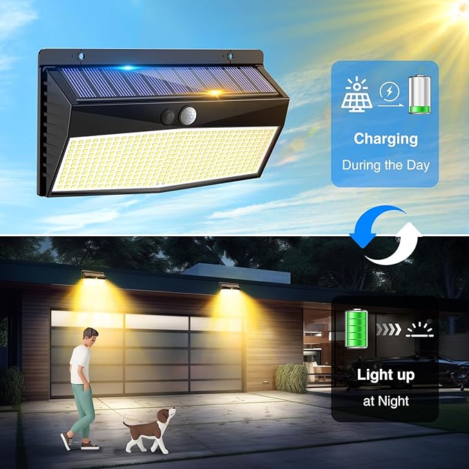 2 Pack 368 LED Solar Motion Sensor Lights Outdoor, Solar Fence Lights with 3 Lighting Modes, Solar Powered Security Lights Waterproof for Outside Yard Wall Garden Backyard Step, Warm White