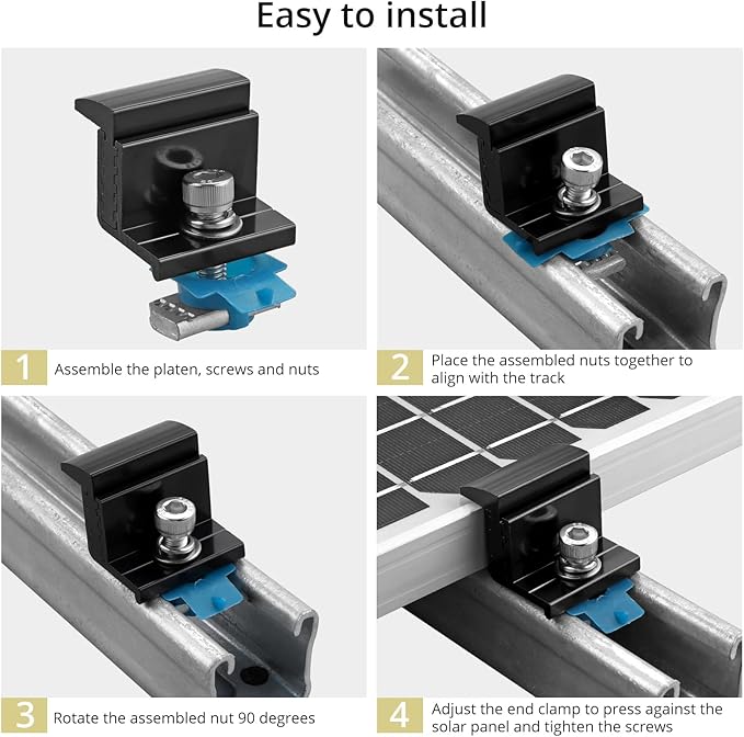 Anbte 10pcs Adjustable Solar Panel End Clamp for Unistrut, 30-50mm Aluminum Solar Panel Mounting Brackets with Nuts Bolts and Wrench, for Metal Roof, Tin Roof, Flat Roof, Sheet Roof, RV, Black