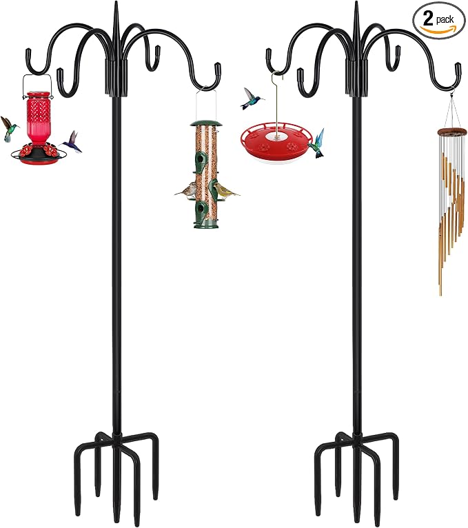 FEED GARDEN Heavy Duty Shepherds Hook 2 Pack 76" Four Hooks Adjustable (44/60/76") - Metal 5-Prong Base, 17lb Capacity - Easy Assembly Bird Feeder Pole for Hanging Planters, Lanterns, Wind Chimes