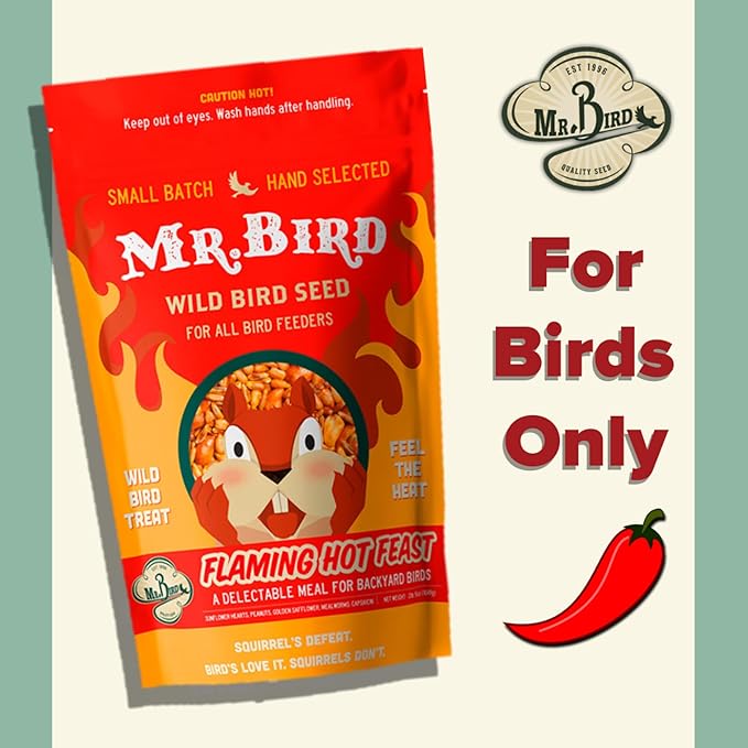Mr. Bird Flaming Hot Feast Small Loose Seed Bag 2lbs | Hot Pepper Wild Bird Seed for Outside Feeders | Prevent Squirrels | Spicy Bird Food | Backyard Birds