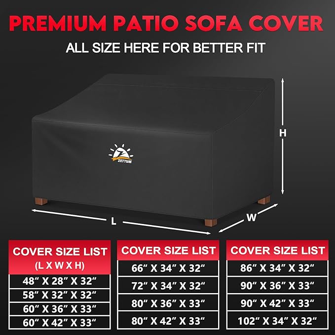 Zettum Patio Sofa Cover 86 Inch - 600D Outdoor Couch Cover Waterproof & Heavy Duty, Large 3-Seater Furniture Covers for Outside Sofa, Couch, Glider, Loveseat and Bench - 86 x 34 x 32 Inch