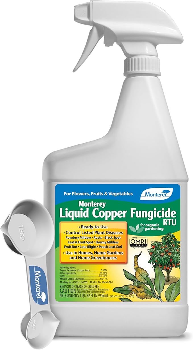Monterey Liquid Copper Fungicide Spray Bundled with Measuring Spoon - Organic Gardening Fungicide for Flowers, Fruits, & Vegetables - 32 oz RTU