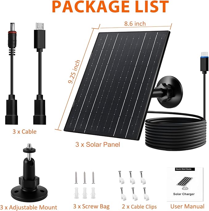 Zivif 10W Solar Panel for Security Camera Outdoor, 5V USB C Solar Charger Compatible with Rechargeable Battery Powered Camera, 360° Adjustable Mount, IP66 Waterproof, 7.2ft Cable (3 Pack)