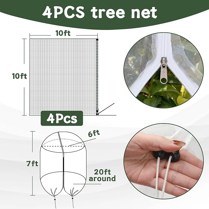 4 Pack 10x10ft Fruit Tree Netting - Bird Proof Tree Nets for Fruit Trees, Reusable Fruit Tree Covers with Drawstring, Heavy Duty Mesh to Protect from Birds, Squirrels, Deer & Insects