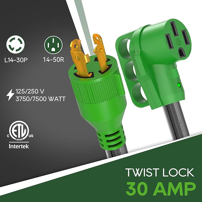 RVGUARD 4 Prong 30 Amp to 50 Amp RV Generator Adapter Cord 12 Inch STW, L14-30P Locking Male Plug to 14-50R Female with LED Power Indicator, Green