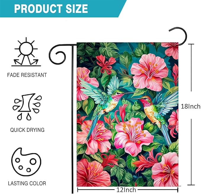 Spring Summer Garden Flag 12 x 18 Inch Double Sided, Colorful Hummingbird Floral Yard Flag Small Outdoor Decorative Flag for Garden Patio Lawn Decor