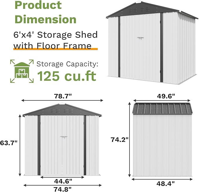 Patiowell 6x4 FT Outdoor Storage Shed with Floor Frame, Metal Garden Patio Sheds with Sloping Roof and Lockable Door, Waterproof Steel Tool Shed for Backyard Garden Lawn, White
